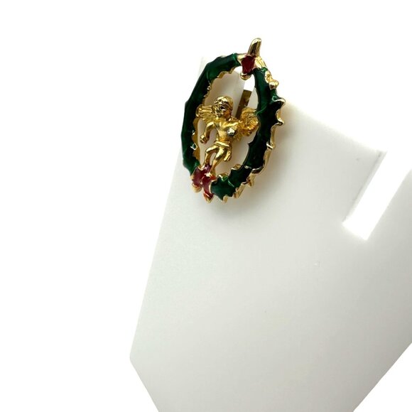 Vintage Christmas Cherub Angel Wreath Brooch Gold Tone Red Green Enamel - Picture 6 of 9